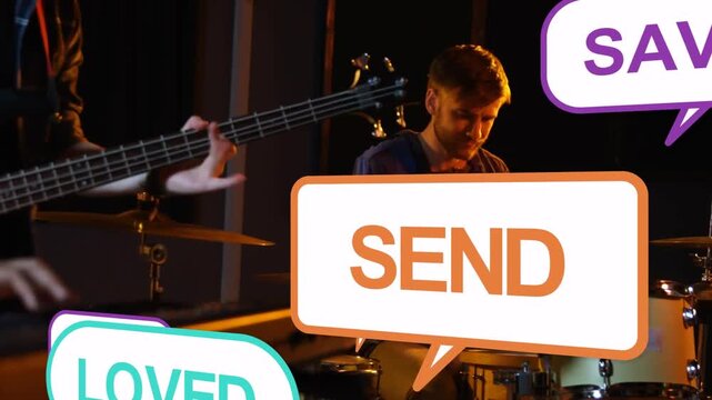 Band playing keys and bass while SEND bubble popping icons rising hiding drummer seeking music fans