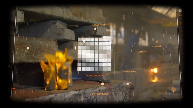 Foundry shelf flames flickering, driving HUD markers, stabilizing heat grid, blurred worker right