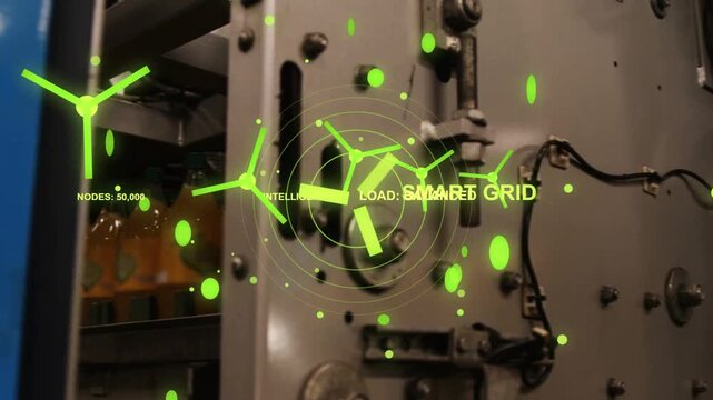Camera zooming right initiating neon green HUD expanding across metal cabinet, showing SMART GRID