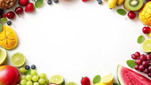 top view of colorful fruit border frame with empty center space, flat lay, bright lighting