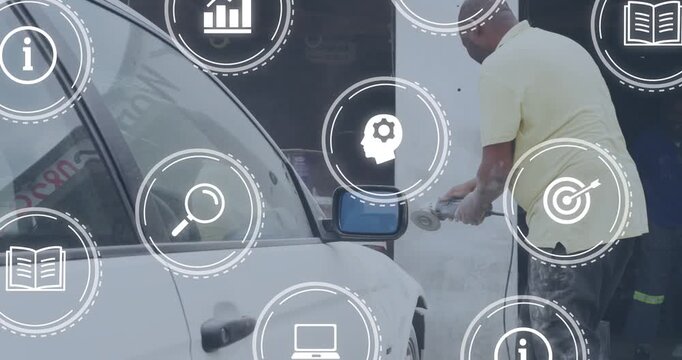 Male auto tech grabbing corded grinder, sanding car door seam, HUD overlays highlighting smoothing