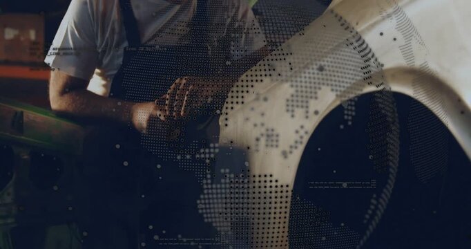 Technician grinding auto panel starting grinder smoothing contour sparks flying dotted map sweeping