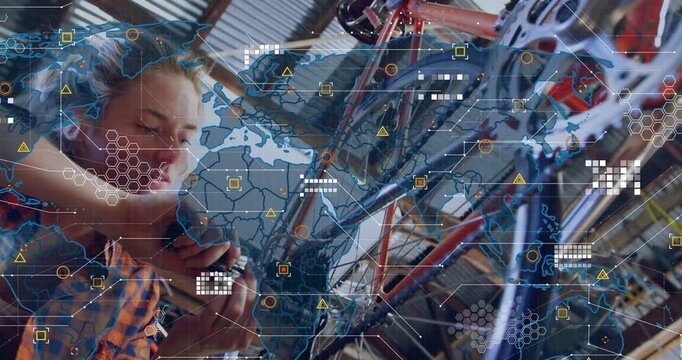 Woman bike tech tuning cassette, touching hub starting HUD map, hex while checking chain alignment