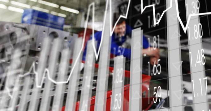 Mechanic reaching into engine bay and turning wrench initiating animated data overlay in repair bay