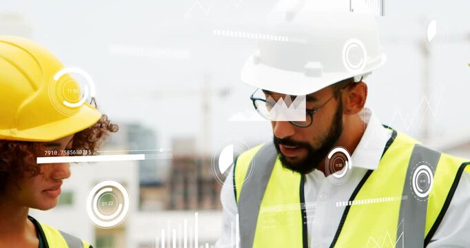 Two construction pros reviewing plans on roof, pointing to cranes while HUD aiding progress review