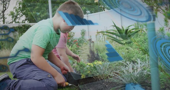 Two boys gardening in bed, tipping pot using spade planting while blue overlaying foreground