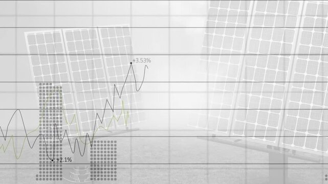 Two solar panels remaining static while grid fading in and animated graphs showing energy gains