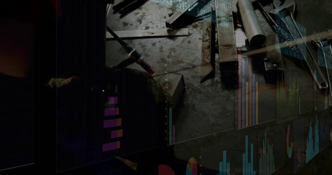 Woman fabricator igniting torch and welding seam to join metal parts, with animated charts