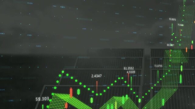 3D finance chart base green dots appearing, dotted ribbon shifting, candles climbing to show trend
