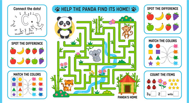 Children s activity page featuring a panda maze and spot the difference games