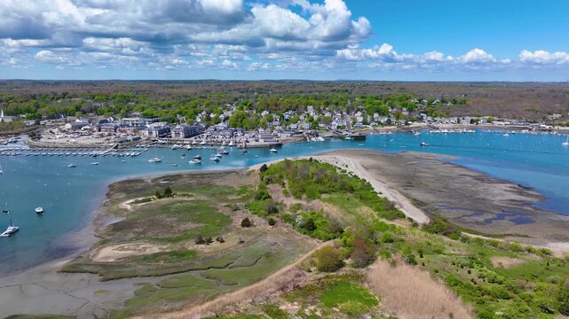Scituate Harbor aerial view including Bulman Marine and Harbor Marina in town of Scituate, Massachusetts MA, USA. 