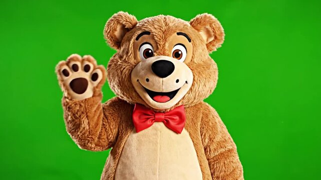 Close-up portrait of a friendly bear mascot waving with a red bowtie against a vibrant green background.