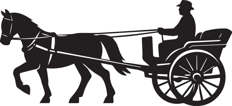 A silhouette illustration of a man driving a horse drawn carriage on a plain white background. Vector, illustration