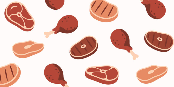 Ketogenic diet food, scattered meat pattern background, flat vector steak and chicken drumsticks, BBQ food illustration