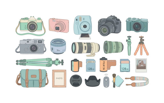 Collection of illustrated vintage and modern photography equipment and accessories