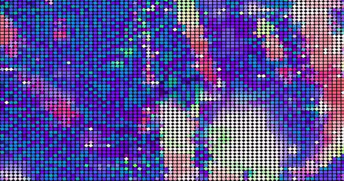 In a bright digital space, shapes and patterns move and change. Different frames show unique combinations of colors and designs