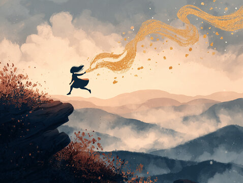 Concept de libert&eacute; et d&rsquo;inspiration &ndash; silhouette f&eacute;minine sautant dans un paysage imaginaire avec lumi&egrave;re dor&eacute;e - IA Generated