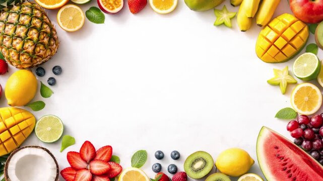top view of colorful fruit border frame with empty center space, flat lay, bright lighting