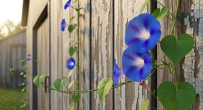 Morning glories climbing on a weathered wooden fence with green leaves