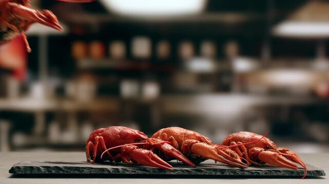 Boiled European crayfish Astacus astacus river seafood freshwater cooked crustacean, noble crayfish, or broad-fingered crayfish, traditional food source.