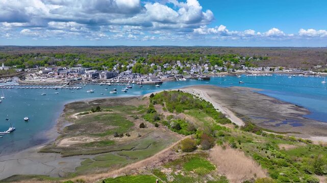 Scituate Harbor aerial view including Bulman Marine and Harbor Marina in town of Scituate, Massachusetts MA, USA. 