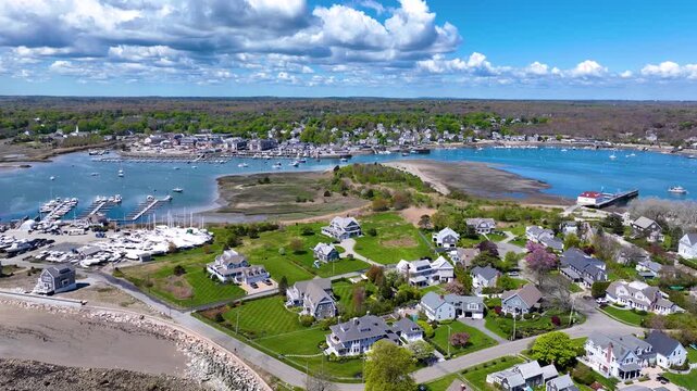 Scituate Harbor aerial view including Bulman Marine and Harbor Marina in town of Scituate, Massachusetts MA, USA. 
