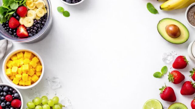top view of colorful fruit border frame with empty center space, flat lay, bright lighting
