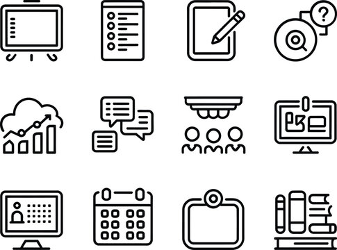 Business Workflow and Communication Icons Set, Analytics, CRM, Task Management, Chat and Dashboard, Minimal Line Vector Icons