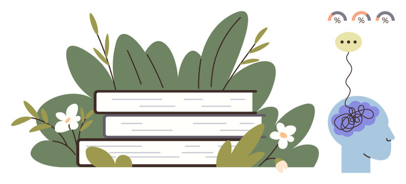 Education, mental health, cognitive development, brain activity, knowledge, relaxation. A stack of books with plants and a human head thought processes. Education and mental health visualization