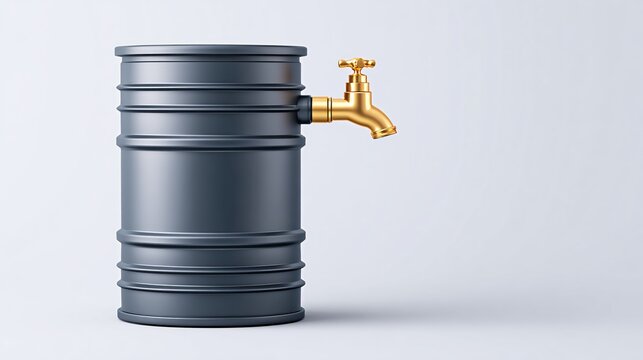 Matte black rain barrel with golden tap on light background