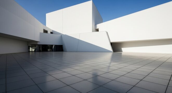 A large white building with a tiled floor
