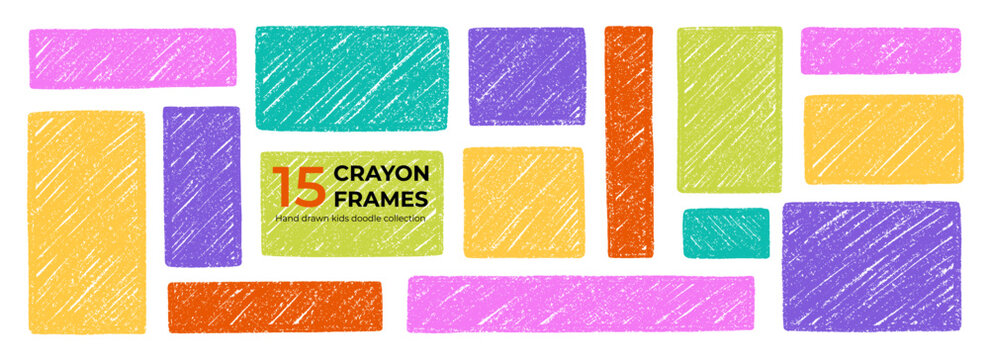 Crayon frame and chalk text box set. Pencil kids color borders in sketch style, cute rectangular and square shapes with grunge texture. Hand drawn vector illustration isolated on white background