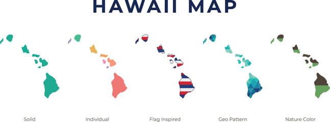 Fototapeta premium Hawaii Island Chain Map in Multiple Design Styles for Travel Tourism Geographic and Infographic Creative Applications