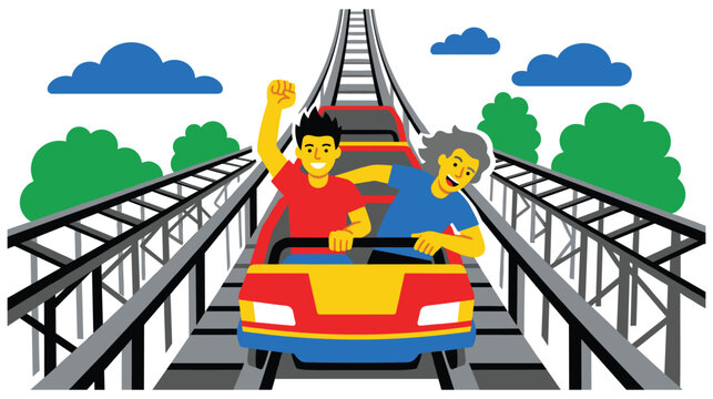 Excited people riding roller coaster at amusement park with hands up in the air.