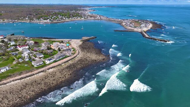 Scituate Harbor aerial view including First Cliff village and Cedar Point in town of Scituate, Massachusetts MA, USA. 
