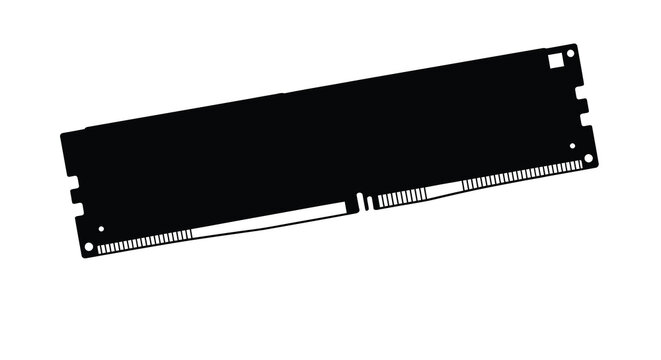 A black and white silhouette showcases a computer ram module isolated on a white background emphasizing its form high quality professional