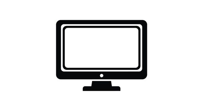 A simple black and white illustration depicts a modern flat screen television with a rectangular screen and stand high quality professional