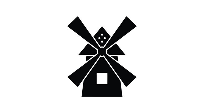 A minimalist black and white illustration depicts a traditional windmill with outstretched blades symbolizing rural life high quality professional detailed modern