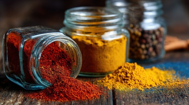 A close-up view of colorful spilled spices including paprika and turmeric on a wooden table, Z9, macro, kitchen lighting, food abstract background