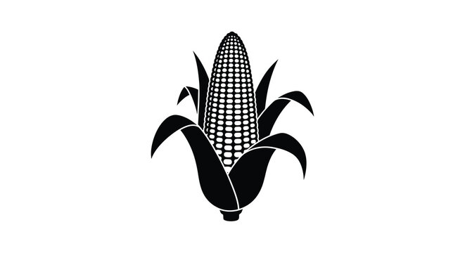 A stark black and white illustration depicts a single ear of corn with detailed kernels and green husks high quality professional