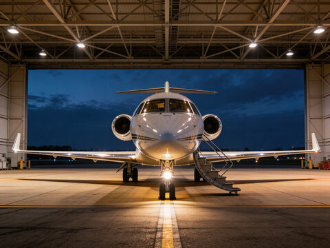 Plane Waiting At Twilight Sunset. Sunset Evening Casts Peaceful Glow Over Aircraft On Runway