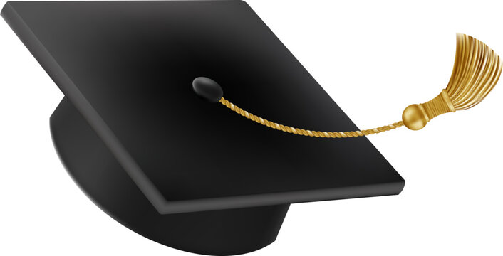 Graduates celebration. Flying black graduate hat with golden tassels. 3d square academic caps from different angles. Vector illustration isolated on white background.