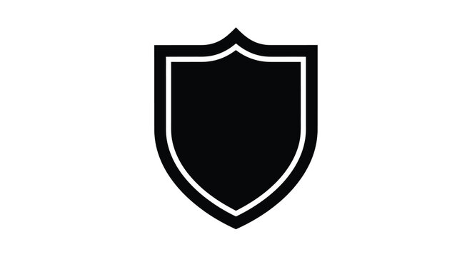 A stark black shield icon is presented against a plain white background symbolizing protection and security high quality professional detailed modern