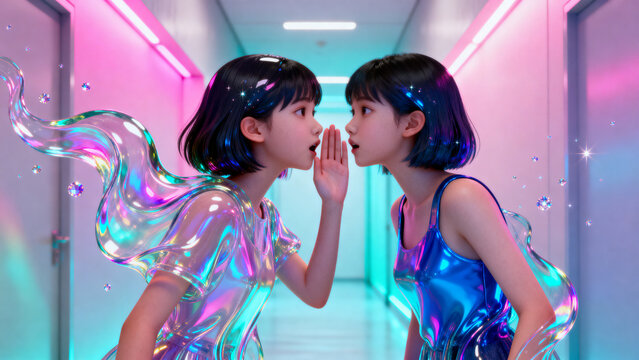 Two teenage girls whispering secrets, neon-lit hallway, futuristic iridescent fashion, intimate atmosphere