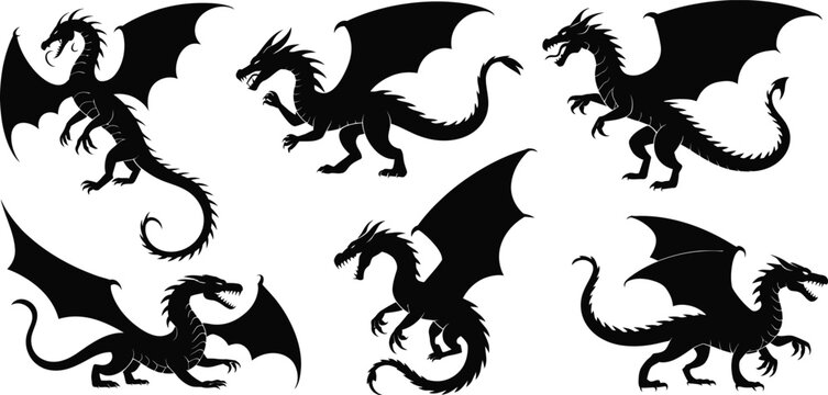 Dragon silhouette set featuring flying and standing mythical creatures for fantasy design medieval illustration tattoo art and legendary vector graphics