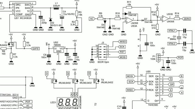 Video animation with schematic diagram of digital electronic device. Drawing electrical circuit with lcd display, operational amplifier, integrated circuit, capacitor, resistor, transistor, controller