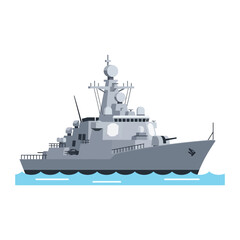 Fototapeta premium Modern Warship Sailing on Blue Water, Military Naval Vessel Illustration