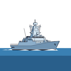 Obraz premium Modern Warship Sailing on Blue Water, Military Naval Vessel Illustration