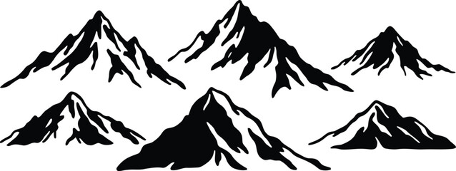 Mountain silhouette set, hand drawn peaks collection, vector landscape elements, black mountain icons isolated, nature scenery design for travel and adventure themes © ShantanaRani