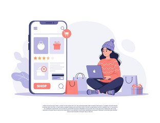 Fototapeta premium illustration of a woman shopping online design